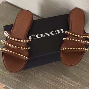 Coach Brown Slide Sandals with Gold Beads